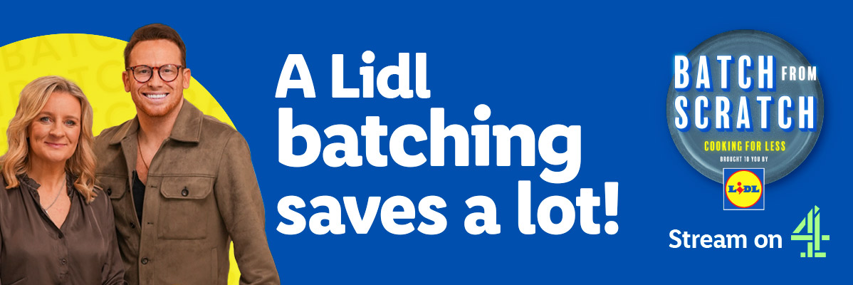 Two people promoting 'Batch from Scratch: Cooking for Less' with text 'A Lidl batching saves a lot!'