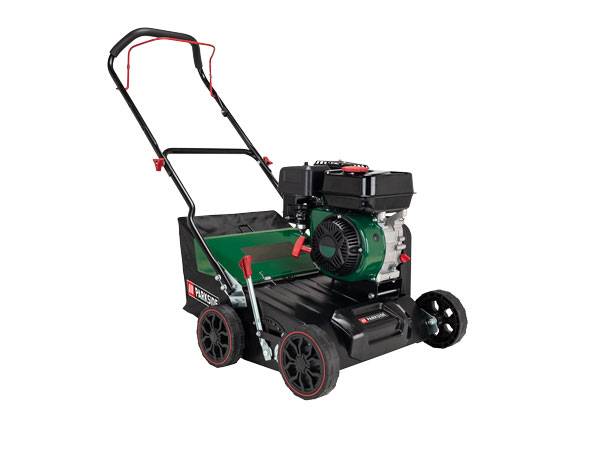 Petrol scarifier with black wheels and green engine