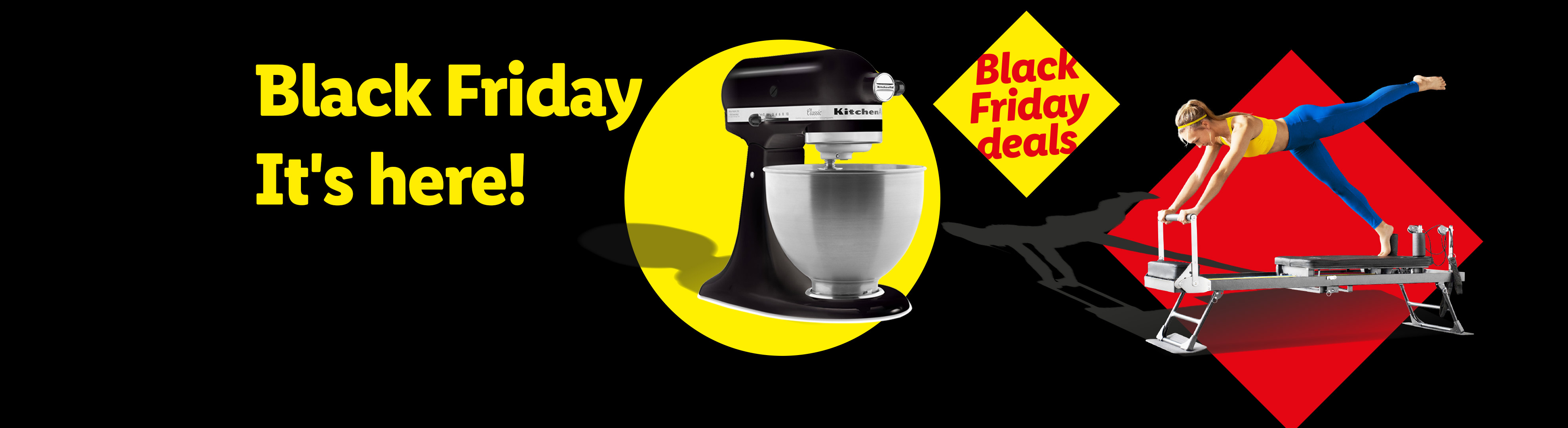 Black Friday deals on a KitchenAid stand mixer and a woman exercising on a Pilates reformer.