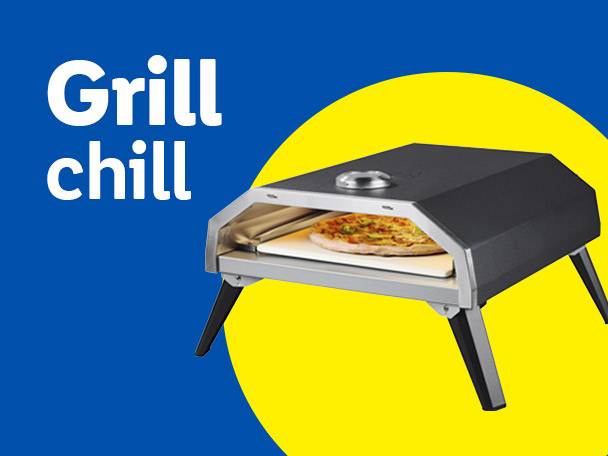 Pizza oven with a pizza inside, on a blue and yellow background with text 'Grill chill'.