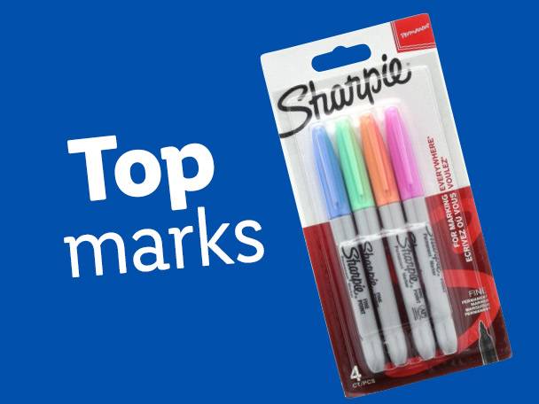 A pack of four colorful Sharpie markers with the text 'Top marks' on a blue background.