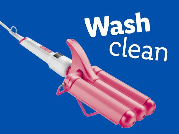 Pink triple barrel curling iron, wash clean.