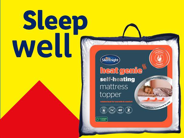 Self-heating mattress topper in packaging, with text 'Sleep well'.