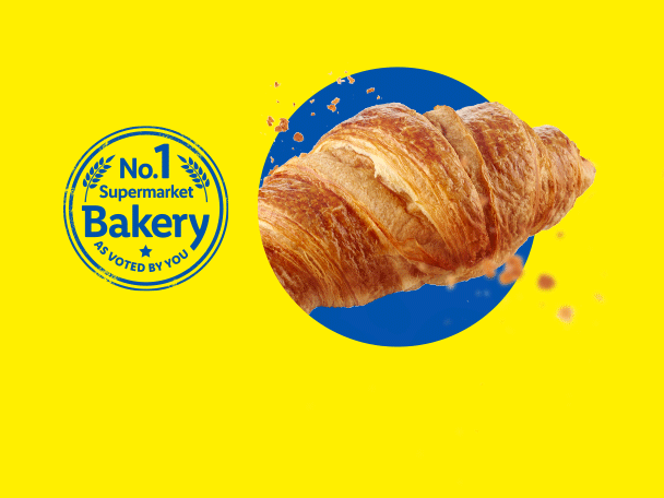 A golden croissant on a blue circle, next to a 'No.1 Supermarket Bakery' badge.