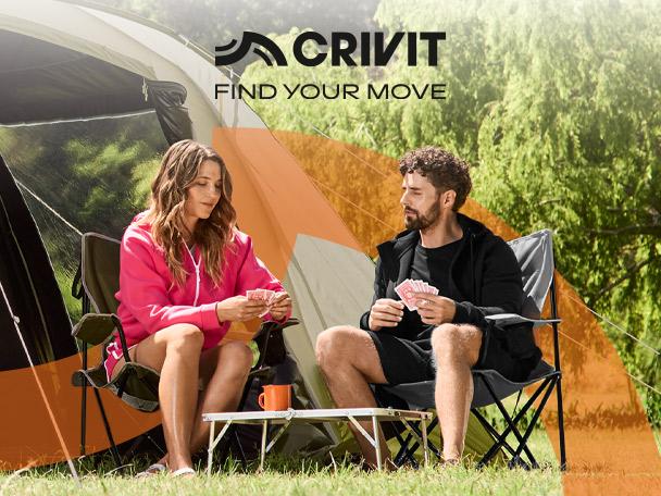 Two people camping, playing cards in front of a tent, with text 'FIND YOUR MOVE'.