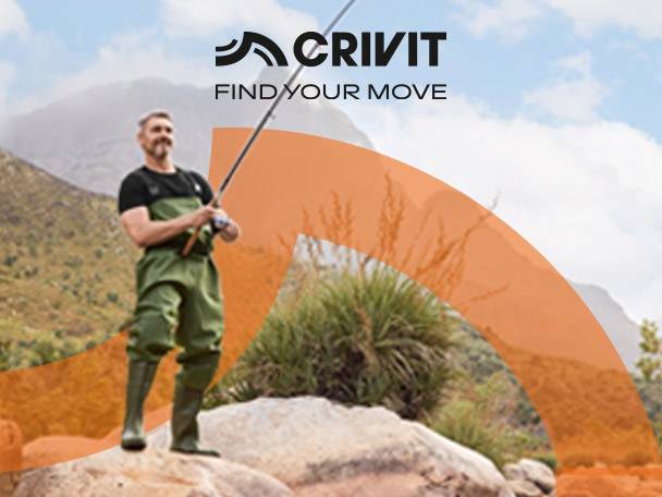 Man in fishing waders holding a fishing rod, with mountains in the background. Text: FIND YOUR MOVE.