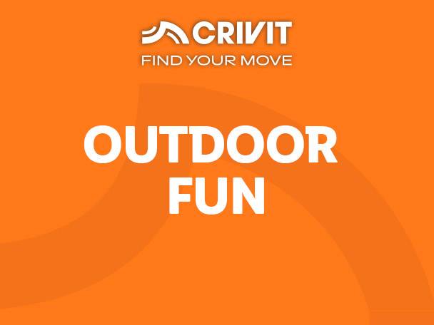 Orange background with white text: 'OUTDOOR FUN' and 'FIND YOUR MOVE'.