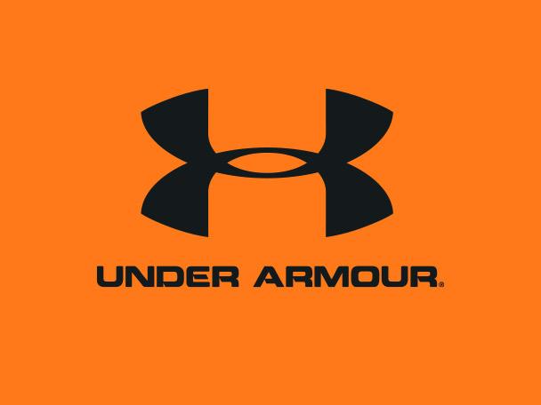 Black athletic wear logo on an orange background.
