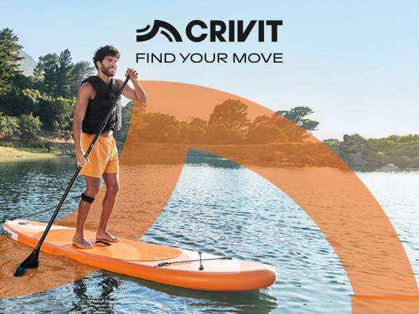Man paddleboarding on a lake, wearing a life vest and shorts. Text: FIND YOUR MOVE.