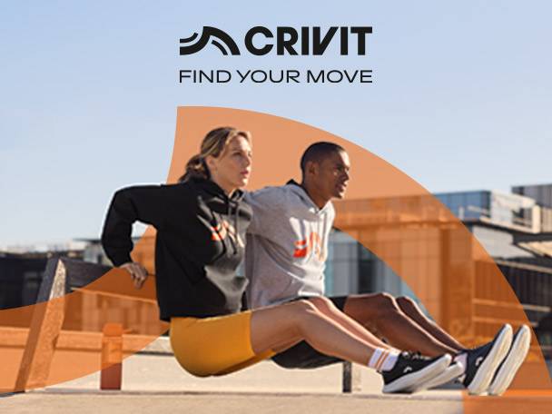 Two people in athletic wear doing tricep dips outdoors, with text 'FIND YOUR MOVE'.