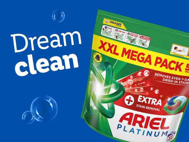 Ariel Platinum XXL Mega Pack laundry detergent promises dream clean results with extra stain removal.