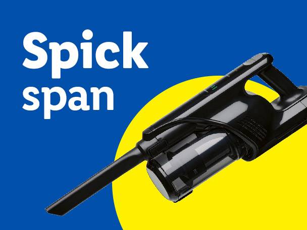 Black handheld vacuum cleaner on a blue and yellow background with text 'Spick span'.