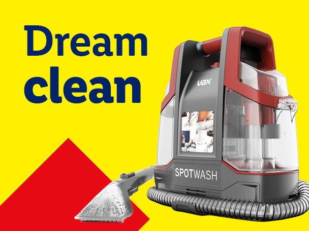 A spot cleaner with a hose and nozzle, on a yellow background with text 'Dream clean'.