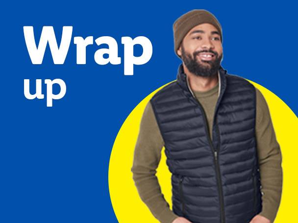 A man in a beanie, long-sleeved shirt, and puffer vest smiles, with text reading 'Wrap up'.