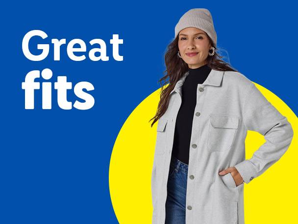 Woman in a grey beanie and shacket, with text 'Great fits' on a blue and yellow background.