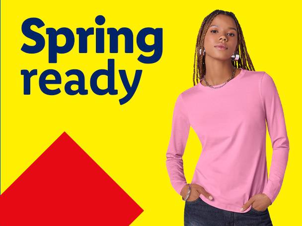 A woman in a pink long-sleeve top, with text 'Spring ready' on a yellow background.