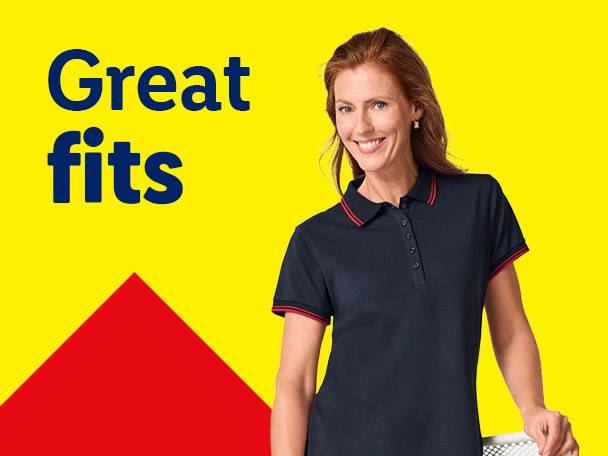 Woman in a navy polo shirt with red trim, smiling, with text 'Great fits' on a yellow background.