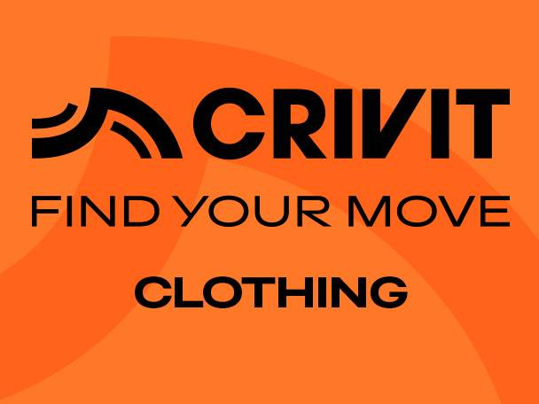 Orange background with black text: 'FIND YOUR MOVE CLOTHING' and a stylized logo.