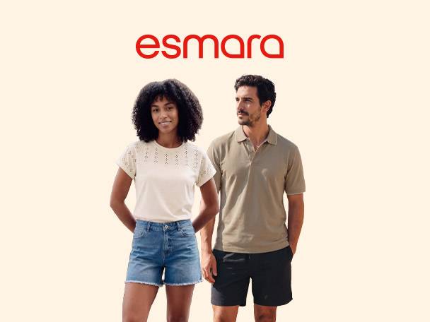 Woman in a cream t-shirt and denim shorts, man in a beige polo shirt and black shorts.