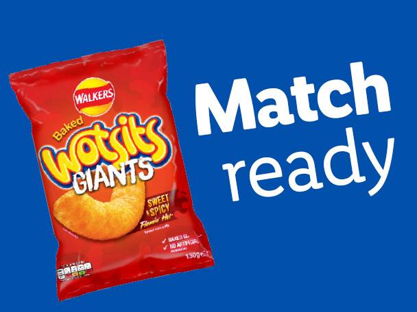 A bag of Walkers Wotsits Giants Sweet Spicy flavour crisps, with the text 'Match ready' overlaid.