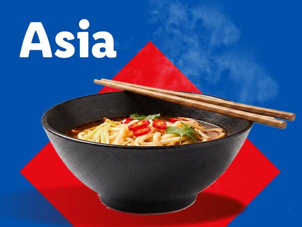 A bowl of steaming Asian noodles with chopsticks, against a blue and red background with the word 'Asia'.