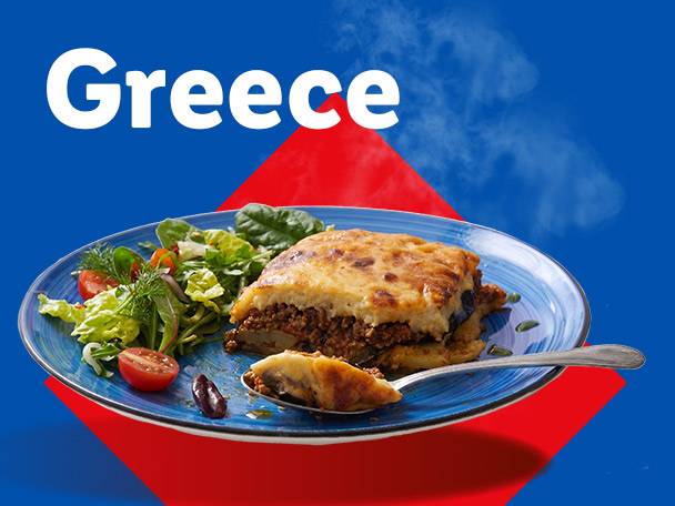 Moussaka with a side salad on a blue plate, with 'Greece' text and red and blue background.