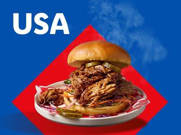 Pulled pork sandwich with pickles and coleslaw on a plate, with 'USA' text and red/blue background.