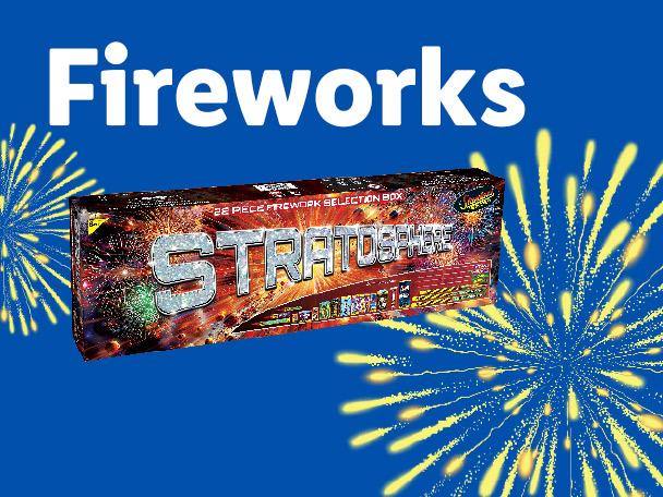 A selection box of fireworks on a blue background with yellow firework graphics.