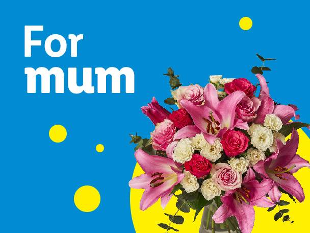 A vibrant bouquet of pink lilies, red and white roses, with text 'For mum' on a blue background.