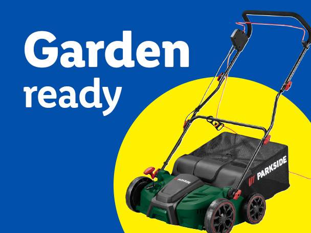 A green lawnmower on a yellow circle with text 'Garden ready' on a blue background.