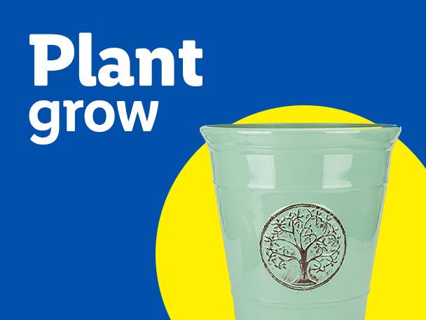 A light green plant pot with a tree design on a blue background with a yellow circle. Text: Plant grow.