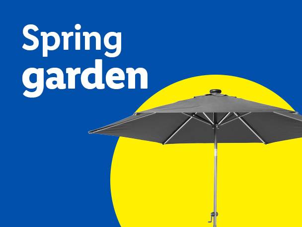 Spring garden text with a grey patio umbrella against a blue and yellow background.