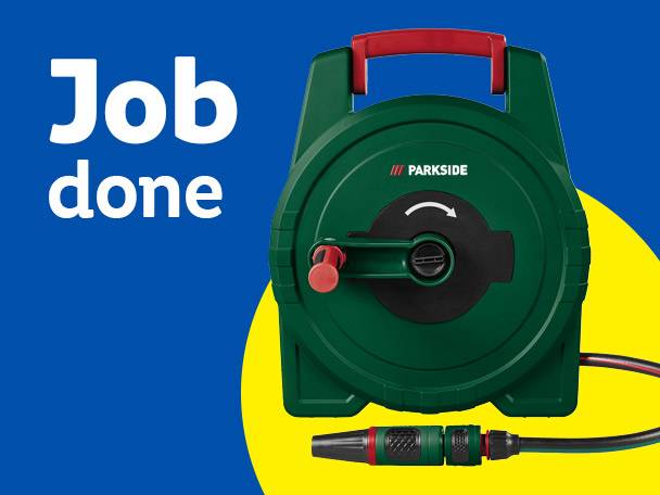 Green hose reel with a hose and nozzle, with text 'Job done' on a blue and yellow background.