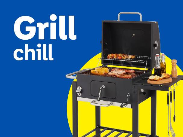 Black charcoal grill with food cooking, text reads 'Grill chill' on a blue and yellow background.
