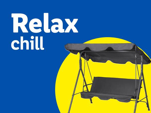 Swing seat with canopy on a blue and yellow background, with text 'Relax chill'.