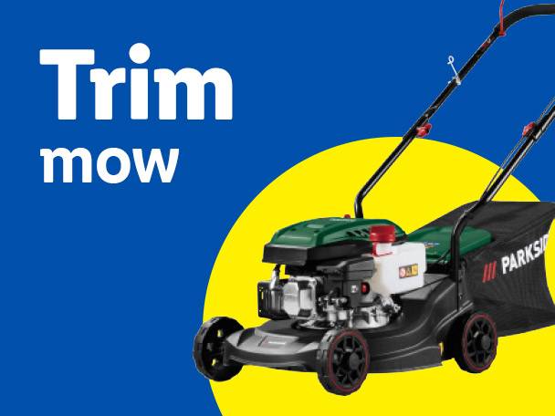 Lawnmower on a blue and yellow background with text 'Trim mow'