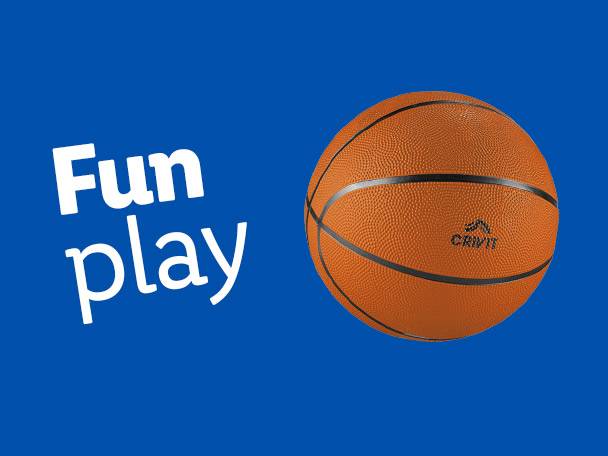 A Crivit basketball sits against a blue background with the words 'Fun Play' overlaid.