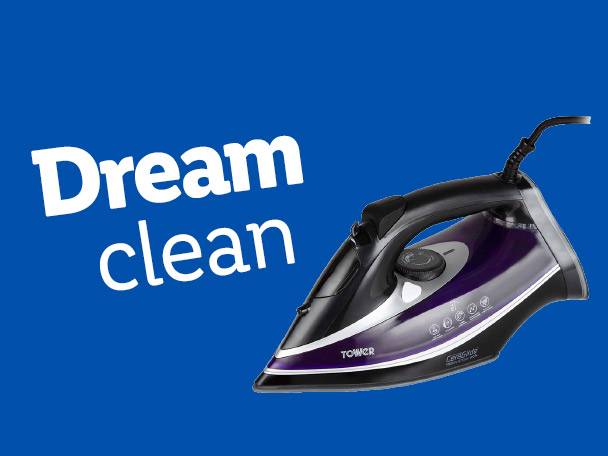 A purple Tower CeramiGlide iron is shown against a blue background with the words 'Dream clean'.