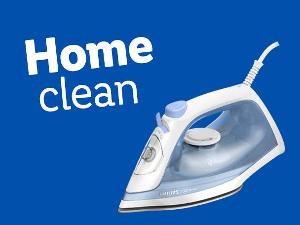 A Philips steam iron with the text 'Home clean' on a blue background.