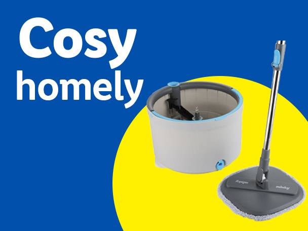 A mop and bucket set with the words 'Cosy homely' on a blue and yellow background.