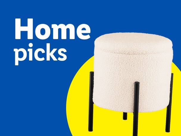 White fluffy stool with black legs on a blue and yellow background, with text 'Home picks'