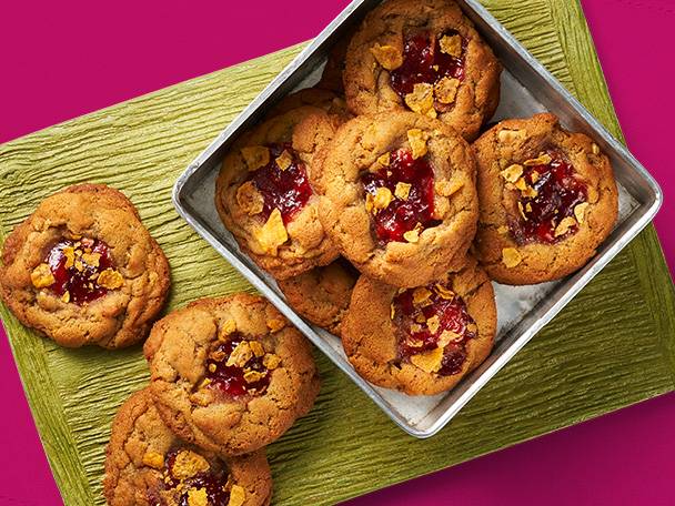 Crunchy peanut butter and jam cornflake cookies
