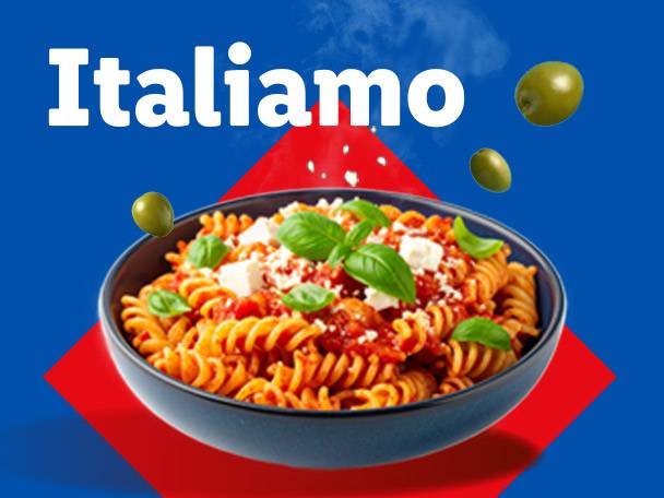 A bowl of pasta with tomato sauce, cheese, and basil, with the word 'Italiamo'.