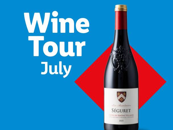 Red wine bottle with a white label, against a blue background with a red diamond shape, with text 'Wine Tour July'.