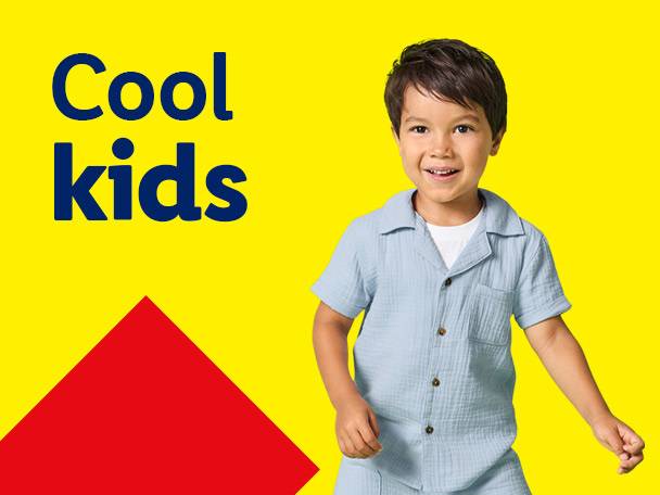 Smiling boy in light blue shirt, with text 'Cool kids' on a yellow background.