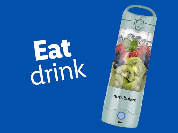 A Nutribullet portable blender filled with fruit and ice sits against a blue background with the words 'Eat drink' overlaid.