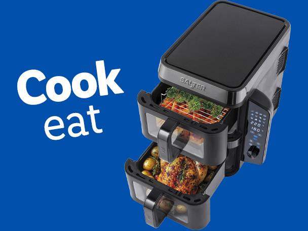 Galter 3-basket air fryer cooks a variety of foods simultaneously.