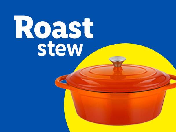 Orange Dutch oven on a yellow circle with 'Roast stew' text on a blue background.