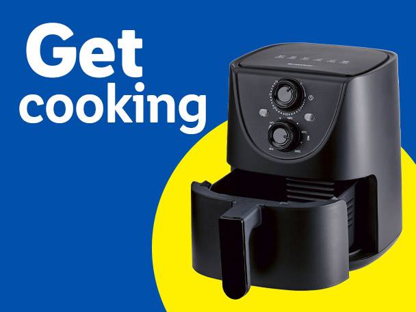 A black air fryer with the text 'Get cooking' on a blue and yellow background.