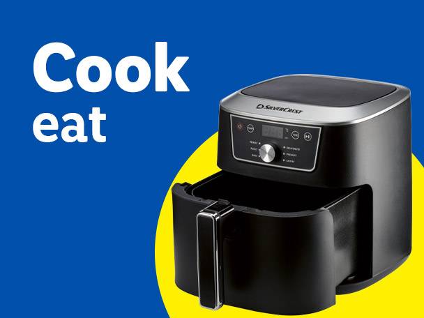 SilverCrest air fryer with an open drawer, on a blue and yellow background with text 'Cook eat'